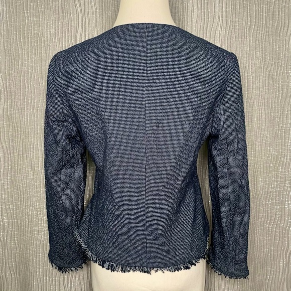 Ann Taylor factory blue tweed fringe trim blazer - Picture 2 of 6
